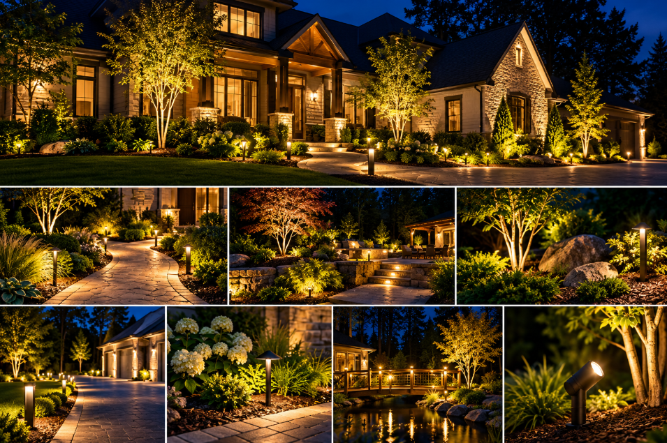 Landscape lighting examples for pathways, trees, patios, and exterior accents